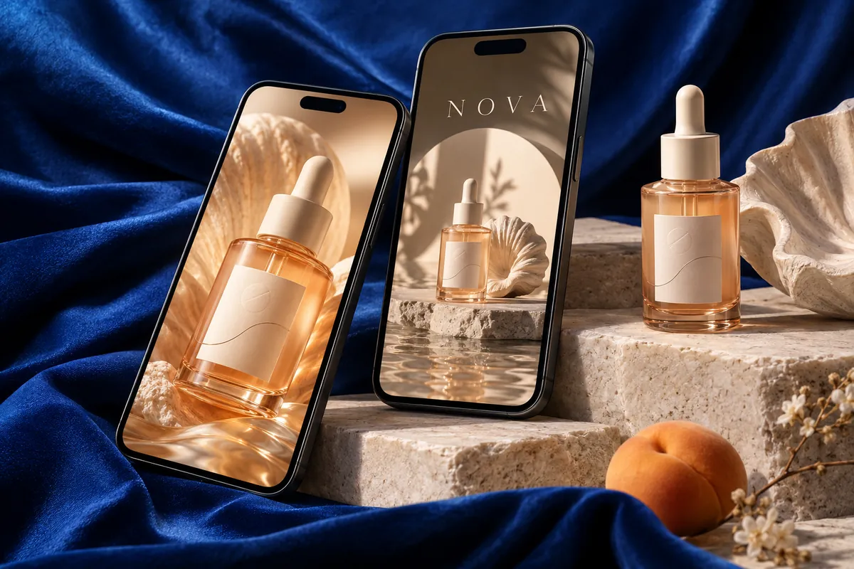 Composición conceptual de creatividad para campañas de una marca de cosmética en móvil.