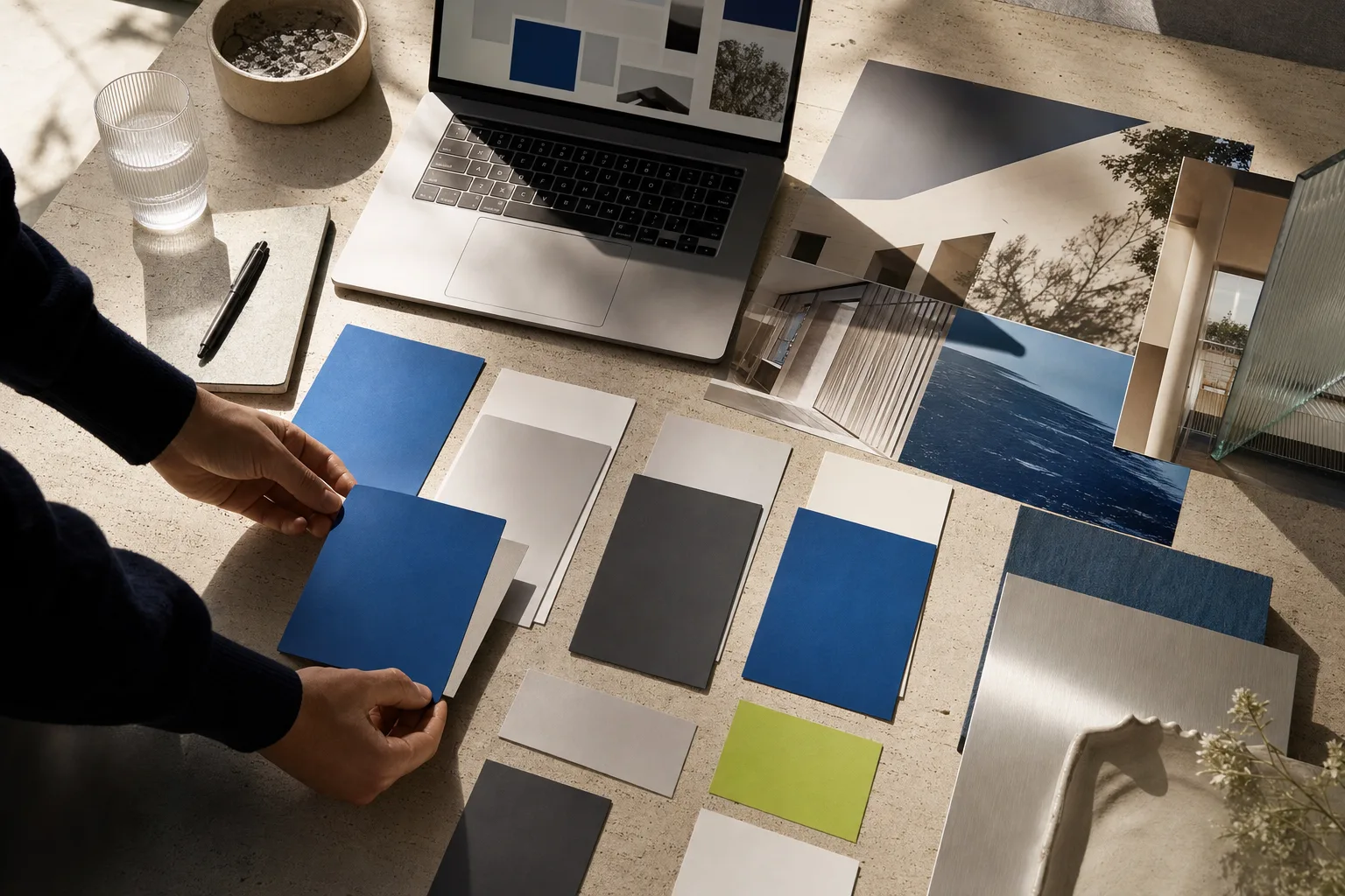 Mesa de trabajo con tarjetas para organizar páginas, fotografías y un portátil con esquemas de una web.